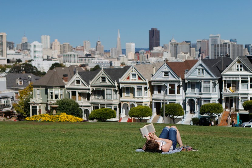 Girl reading a book on a sunny day in Alamo Square Park, San Francisco