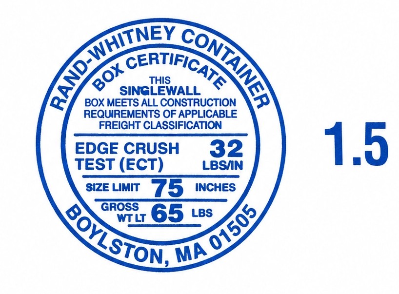 Box Maker's Certificate stamp showing the edge crush test and gross weight limit