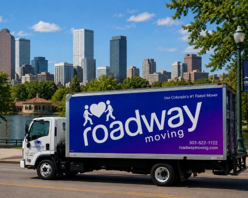 Roadway Moving trucks in Denver near the lake