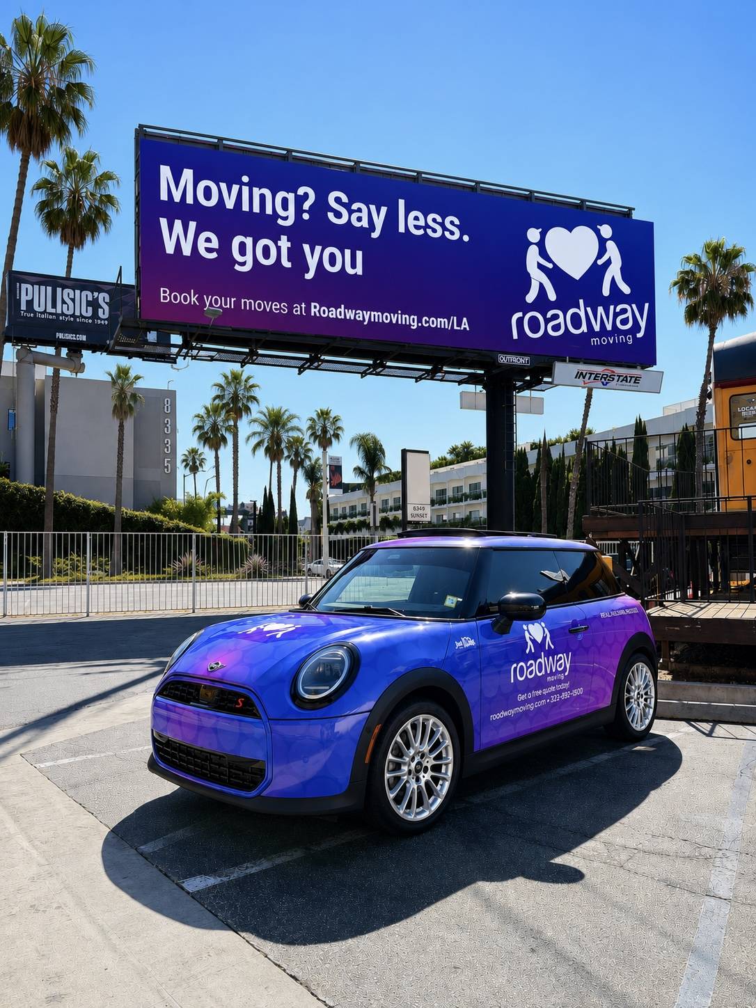 Roadway Moving branded Mini Cooper on Sunset Boulevard