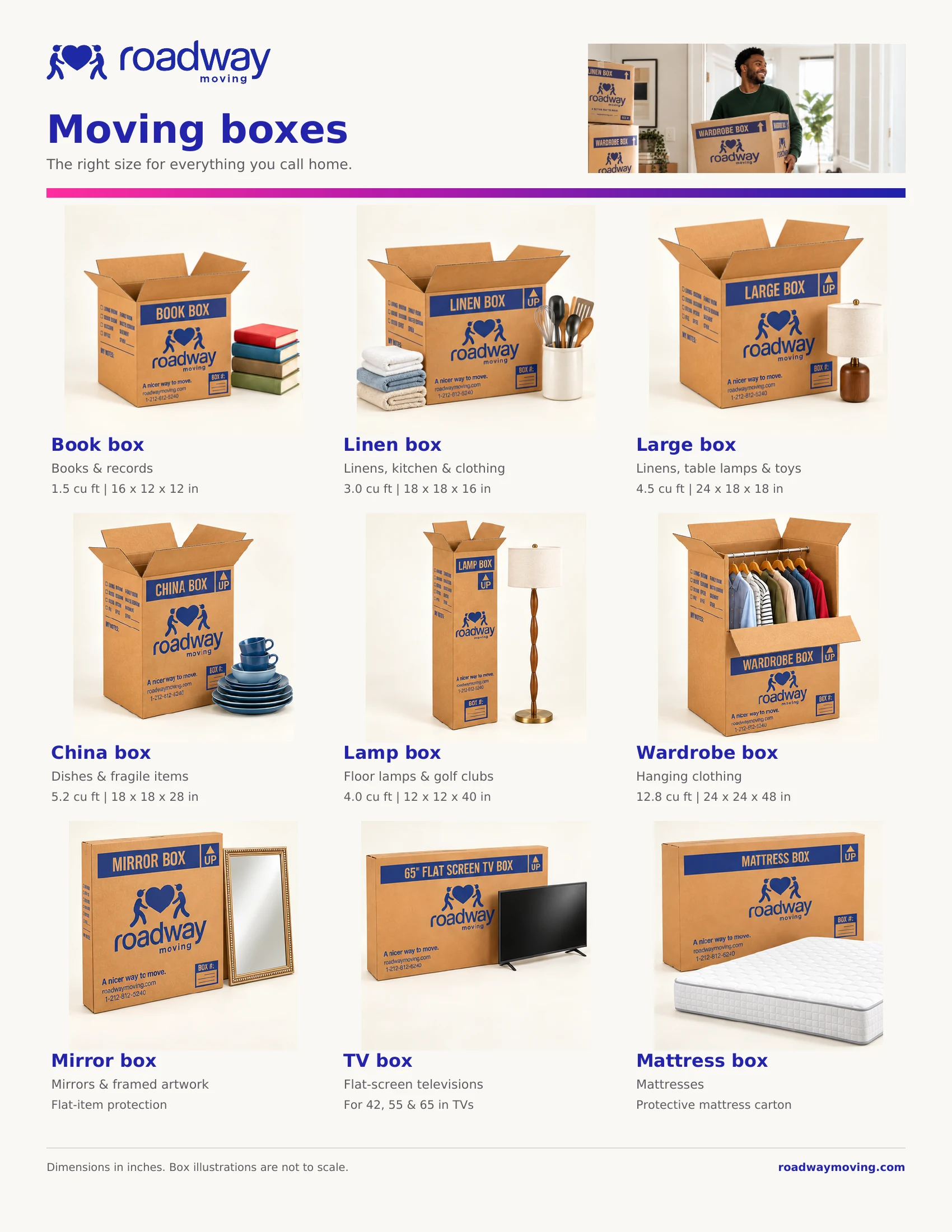 Roadway Moving guide showing nine moving box types with example contents: book, linen, large, china, lamp, wardrobe, mirror, TV, and mattress boxes.