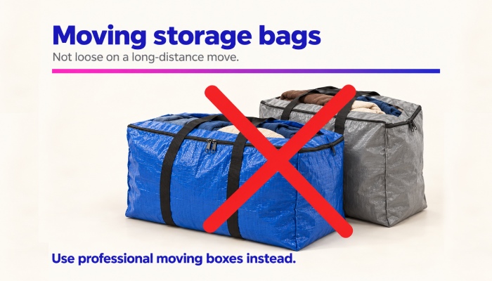 Soft-sided moving storage bags next to sturdy professional moving boxes